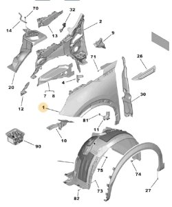 Höger stänkskärm 9822104880 Peugeot 2008 Ny original